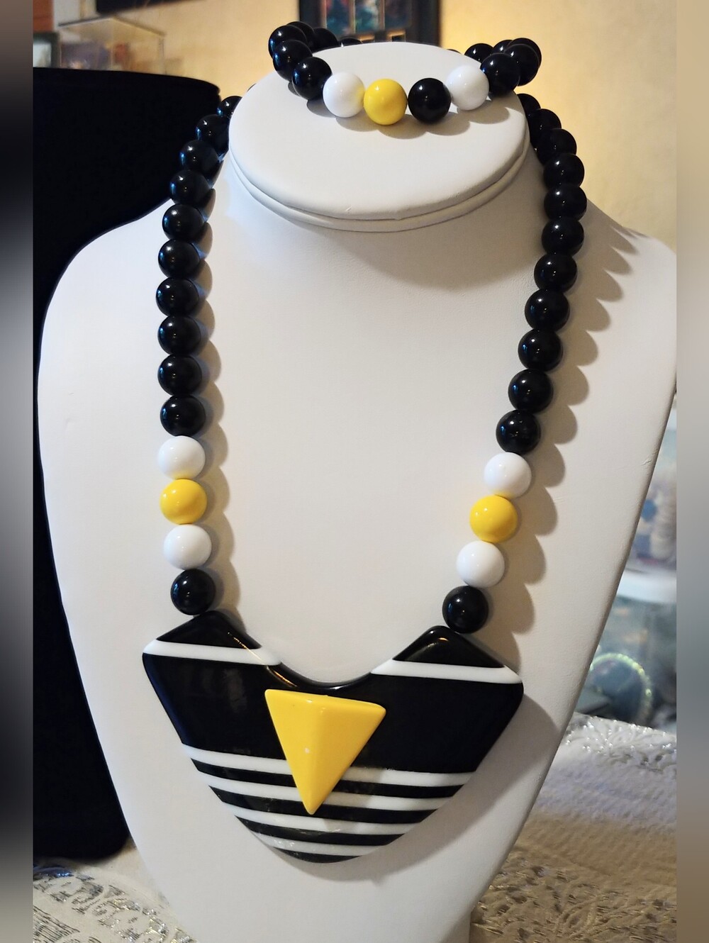 True Vintage 80s Geometric Acrylic Runway Statement Necklace and Bracelet Set.